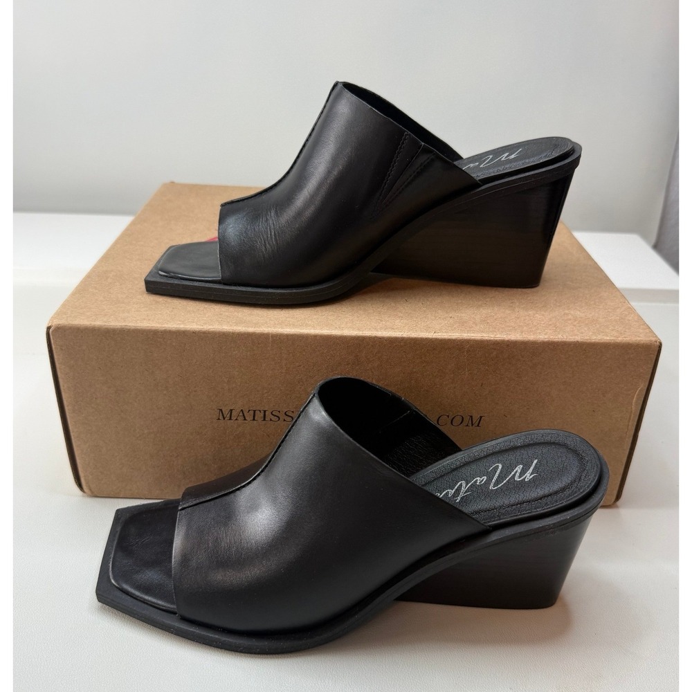 Matisse Black Leather Square Open Toe Wedge Mules Sandals Womens 7M NEW